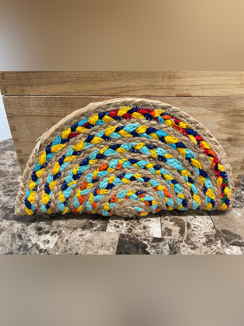 Antik Kraft Chindi Moon Woven Clutch Bag Rainbow Jute Boho Handcrafted Purse